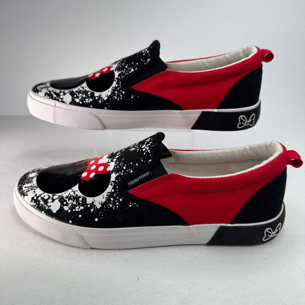 Disney Minnie Mouse Ground Up Womens Slip On Sneakers Red Black Splatter Bow 9.5